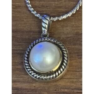 Vintage Sterling Silver & 14K Genuine Pearl Roped Pendant Necklace ATR 24”